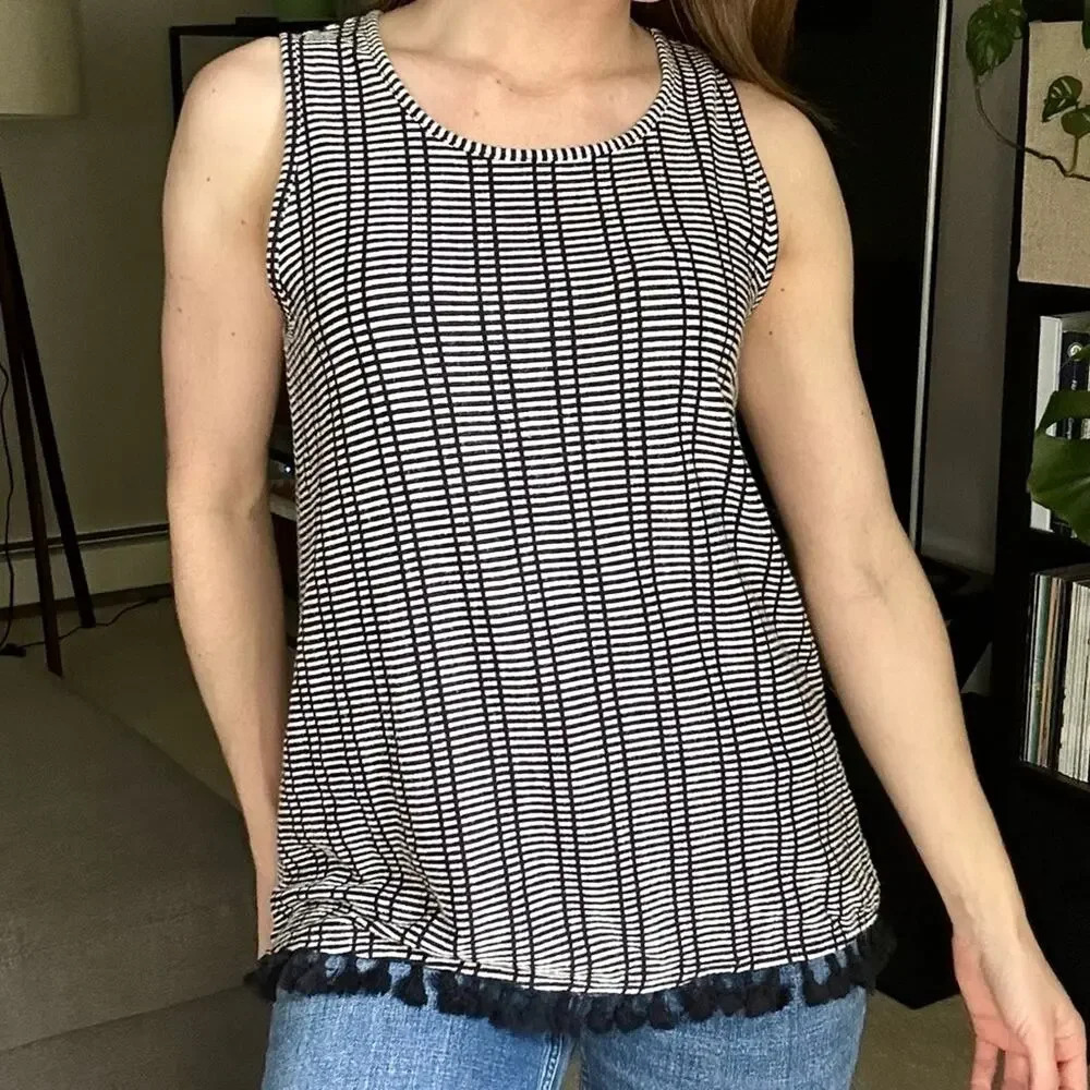 Anthropologie W5 Pom Pom Trim Scoop Neck Tank Top Medium
